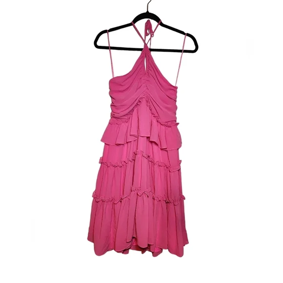 ONE33 SOCIAL Pink Fuchsia Tiered Ruffle Halter Above Knee Cocktail Dress Size 6 - Picture 6 of 8